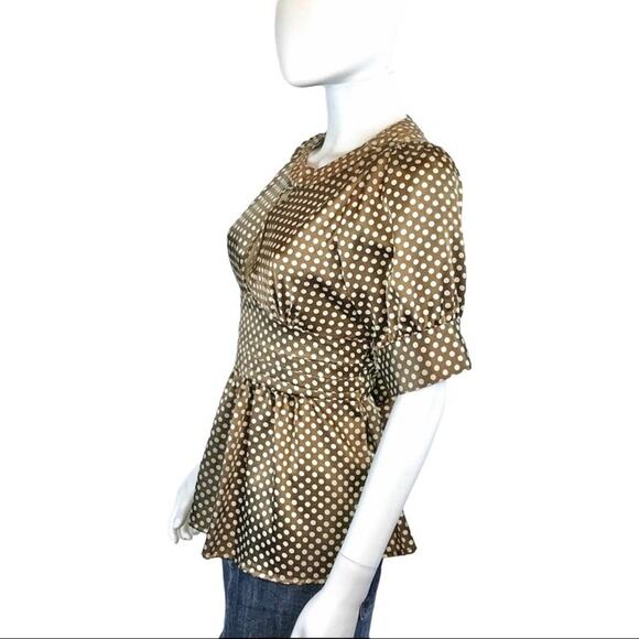 BCBGMaxazria Satin Polka Dot Blouse Brown & Ivory Peep Hole - Picture 2 of 4
